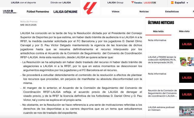 奥尔莫获临时注册 西甲回应：完全不同意这一决议